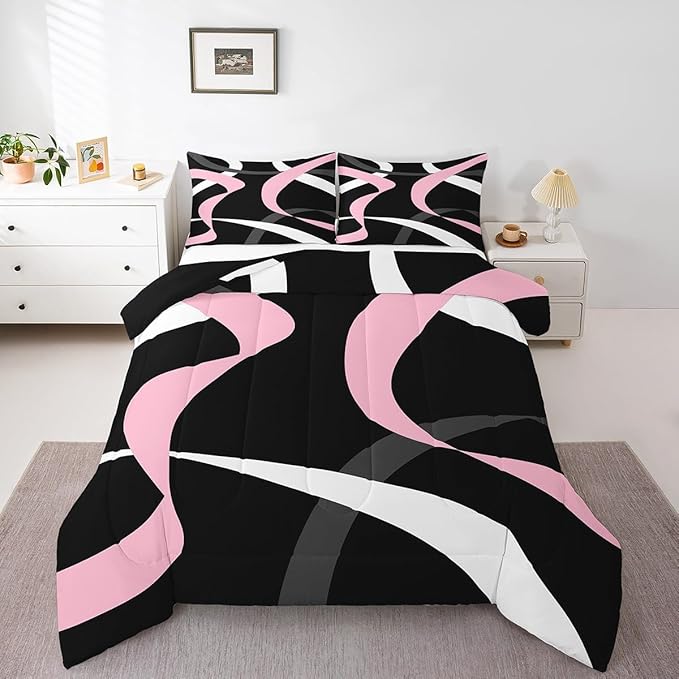 Erosebridal Abstract Black Pink Bedding Comforter Sets Dark Grey White Striped Bedding Set Full for Kids Girls Teen Women Geometric Swirl Stripes Down Comforter Modern Fashion Quilt Duvet