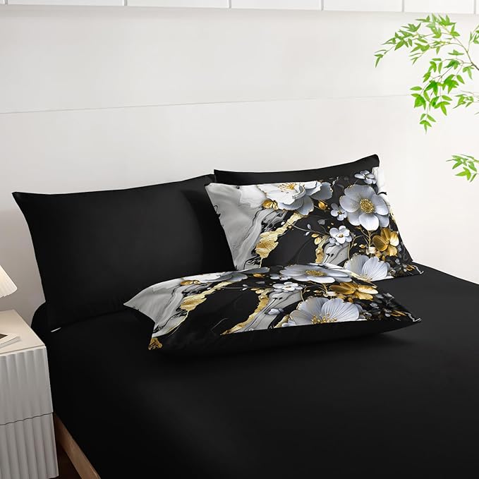 7 Piece Marble Floral Comforter Set King，Black and White Marble Bedding Set，Black and Gold Marble Bedroom Decor，(1 Comforter, 1 Flat Sheet, 1 Fitted Sheet, 2 Pillowcase and 2 Pillow Sham)