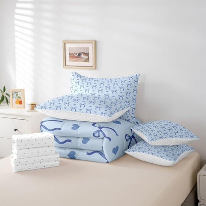 Erosebridal Blue Love Hearts Bowknot 7 Piece Bedding Set Twin | Ribbon Girly Kids Comforter Set with Sheets Cute Dreamy Bow Kawaii Bed in A Bag Adults Women Teens Bed Sets