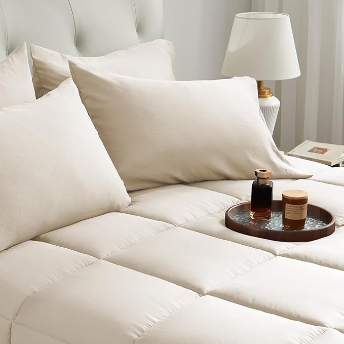 SunStyle Home Beige Full/Queen Comforter Set - 7 Pieces Bed in a Bag, Lightweight Goose Down Alternative Bedding Sets with All Season Comforter, 1 Flat Sheet, 1 Fitted Sheet, 4 Pillowcases