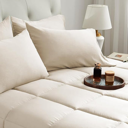 SunStyle Home Beige Full/Queen Comforter Set - 7 Pieces Bed in a Bag, Lightweight Goose Down Alternative Bedding Sets with All Season Comforter, 1 Flat Sheet, 1 Fitted Sheet, 4 Pillowcases