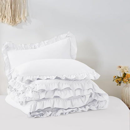 FUANNA Full Size Comforter Sets White, 3 Pieces Ruffle Full Size Bedding Sets, Fluffy Bed in a Bag Full for All Seasons, Shabby Chic Full Bed Set with 1 Lightweight Comforter & 2 Pillowshams