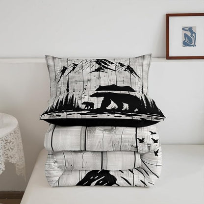 Feelyou Rustic Bear Comforter Set Twin Size, Wildlife Hunting Theme Quilt Set with 2 Pillowcases, Western Wild Animal Bedding Set 2pcs for Kids Boys Teens Room Decor, Wooden Board Duvet Insert