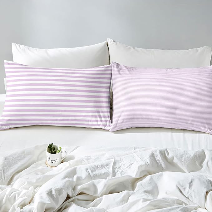 Girl Purple Striped Comforter Set Full White Farmhouse Ticking Stripes Down Comforter For Women Horizontal Stripes Geometric Lines Reversible Lightweight Duvet Set For Room Decor Soft Bedding Set