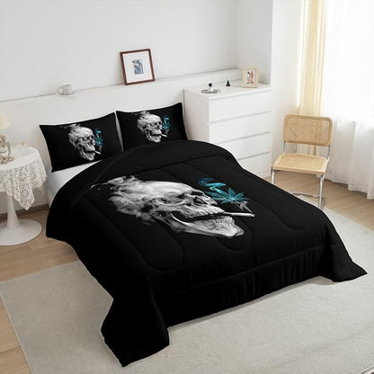 Erosebridal Gothic Skull Bedding Twin,Turquoise Leaves Comforter Set for Kids Boys Girls,Smoky Skeleton Down Comforter, Plant Tropical Botanical Bedding Comforter Sets