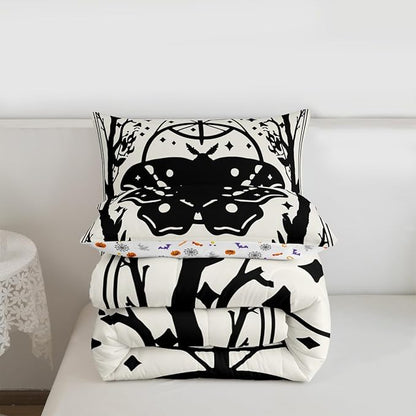 Erosebridal Gothic Moth Comforter Set Full, Halloween Moth Bedding Set, Goth Comforter, Sun and Moon Quilt for Kids Boys Girls Teens Terror Halloween Decor, Lightweight