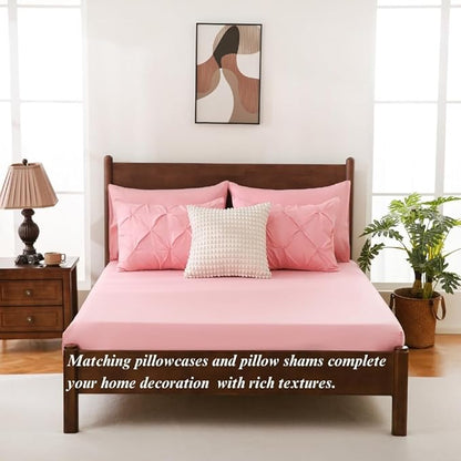 Sheet&Joy King Size Comforter Set, 7-Piece Bed in a Bag, Pintuck Bedding Set for All Season, Includes Comforter, Flat Sheet, Fitted Sheet, Pillowcases and Pillowshams, Pink