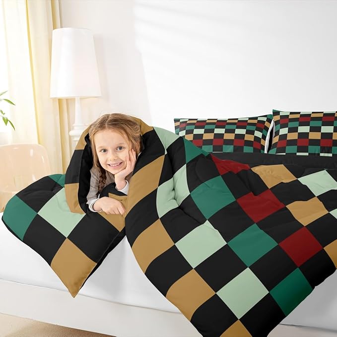 Checkered Retro Comforter Set Twin Size Green Red Yellow Plaid Bedding Set for Kids Boys Girls Geometric Vintage Duvet Quilt Modern Simple Groovy Aesthetic Bedroom Decor 2 Pcs with 1 Pillow Cases