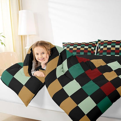 Checkered Retro Comforter Set Full Size Green Red Yellow Plaid Bedding Set for Kids Boys Girls Geometric Vintage Duvet Quilt Modern Simple Groovy Aesthetic Bedroom Decor 3 Pcs with 2 Pillow Cases