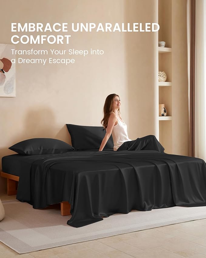 THXSILK Silk Sheet Set 4 Pcs, Full Size Sheet Set, Soft Breathable Cooling Bed Sheets with 1 Flat Sheet, 1 Fitted Sheet, 2 Pillowcases with Zipper Closure, Black