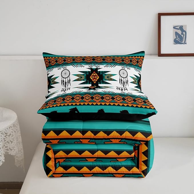 Feelyou Boho Comforter Set King Size Southwestern Native Aztec Comforter Bohemian Dream Catchers Bedding Set Horses Duvet Set Room Decor Azure Quilt Set