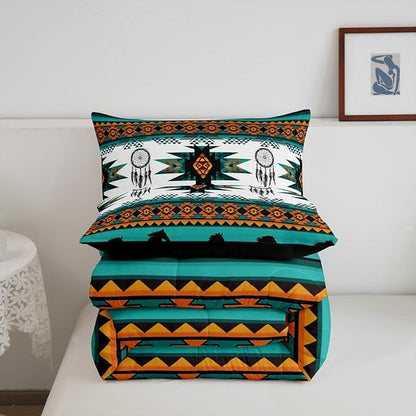 Feelyou Boho Comforter Set Toddler Size Southwestern Native Aztec Comforter Bohemian Dream Catchers Bedding Set Horses Duvet Set Room Decor Azure Quilt Set