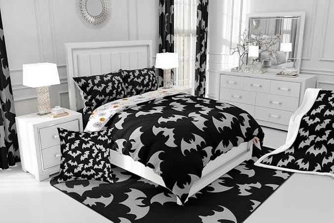Erosebridal Gray Bat Twin Bedding Sets Halloween Bat Comforter Set Spooky Goth Gothic Animal Quilt Duvet Set Horror Halloween Bedding Collections for Kids Teens Adults