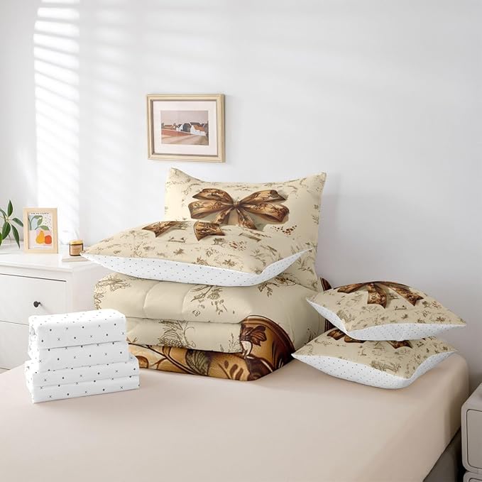 Erosebridal Brown Bowknot Bed in A Bag Queen | Coquette Decor Bohemian 7 Piece Comforter Set Western Cowboy Sheet Set Reversible Hippie Pastoral Style Fitted Sheet Breathable Lightweight