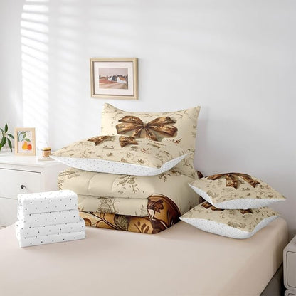 Erosebridal Brown Bowknot Bed in A Bag Queen | Coquette Decor Bohemian 7 Piece Comforter Set Western Cowboy Sheet Set Reversible Hippie Pastoral Style Fitted Sheet Breathable Lightweight