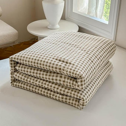 NSNLGSGC Tan Gingham Cotton Comforter Set Queen, 100% Washed Cotton Taupe Plaid Checked Comforter Bedding, 3 Pieces Vintage Farmhouse Grid Bedding Set(Tan Gingham, Queen)