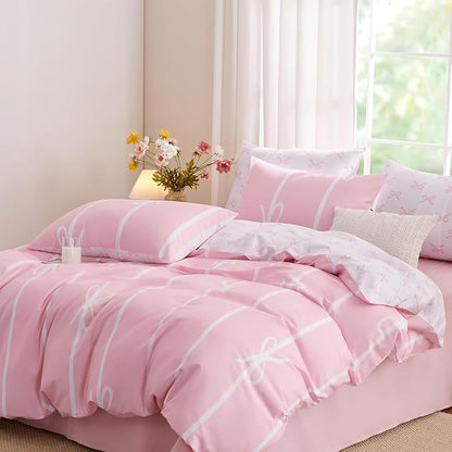 Pink Comforter Set Full 3 Pieces Pink Bow Bedding Set for Girls Kids, 100% Microfiber, Cute Coquette Bowknot Comforter with 2 Pillowcases, Soft Lightweight, Pink White
