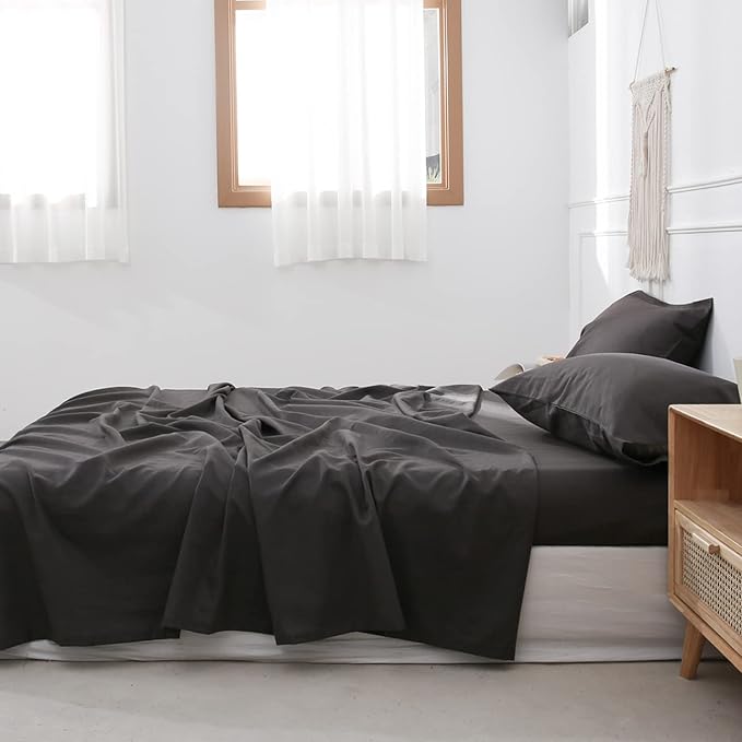 Simple&Opulence Belgian Linen Sheet Set Solid Color - 4 Pieces (1 Flat Sheet, 1 Fitted Sheet & 2 Pillowcases) Natural Flax Cotton Blend Soft Breathable Farmhouse Bedding - King Size, Dark Grey