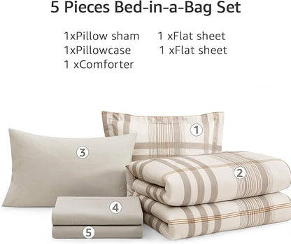 MaiRêve Twin XL Comforter Set Brown Grey, Classic Plaid Farmhouse Bedding Sets 5 Pieces for Boys Girls Teen, All Season Bed in a Bag for Dorm with Sheets, Pillowcase & Sham
