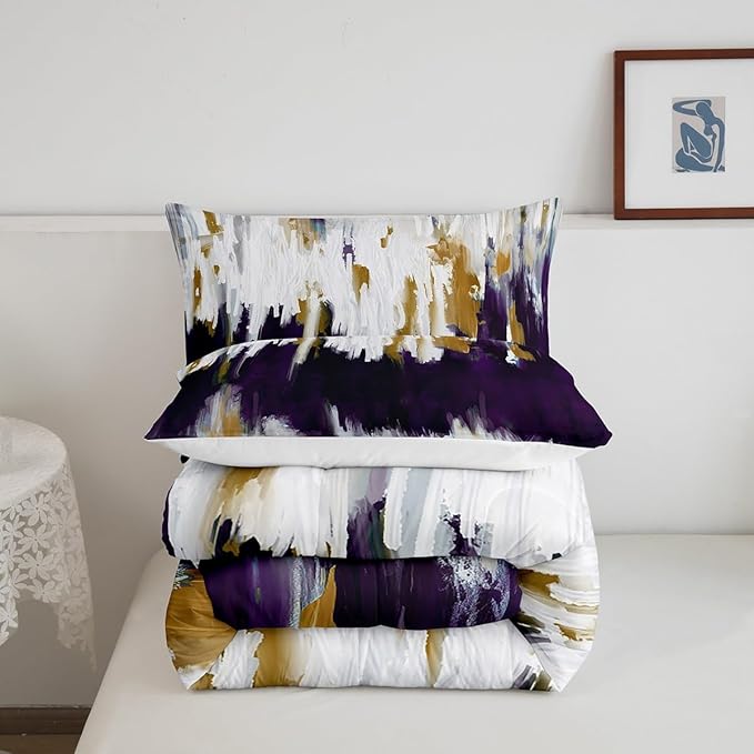 Erosebridal Abstract Ombre Bedding Full White Purple Comforter Set, Gradient Brush Marks Down Comforter Contemporary Artwork Bedding Comforter Sets, Watercolor Stripe Aesthetic Duvet Insert Luxury
