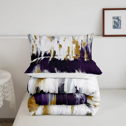 Erosebridal Abstract Ombre Bedding Full White Purple Comforter Set, Gradient Brush Marks Down Comforter Contemporary Artwork Bedding Comforter Sets, Watercolor Stripe Aesthetic Duvet Insert Luxury