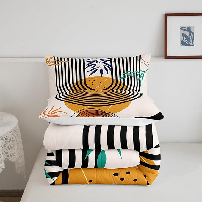 Mid Century Bedding Twin Swirl Line Comforter Set, Vintage Minimalit Bedding Comforter Sets Modern Artwork Duvet Insert, Abstract Circle Spiral Down Comforter Lightweight for All Seasons