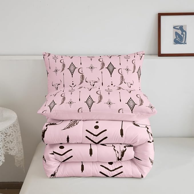 Feelyou Pink Western Bull Skull Comforter Set Ethnic Horns Boho Twin Size Bedding Set Tribal Symbol Mysterious Aztec Comforter for Man Women