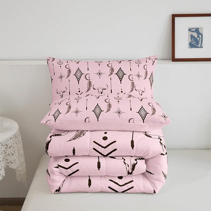 Feelyou Pink Western Bull Skull Comforter Set Ethnic Horns Boho Queen Size Bedding Set Tribal Symbol Mysterious Aztec Comforter for Man Women