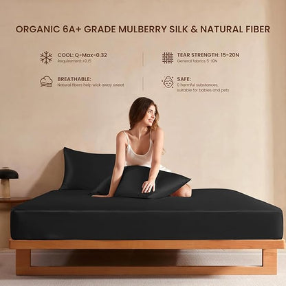 THXSILK Luxury Mulberry Silk Fitted Sheet Set 3 Pcs, Queen Silk Bed Sheet Set with 16" Deep Pockets, Soft & Cooling Sheets, 1 Fitted Sheet, 2 Pillowcases with Zipper Closure - Black