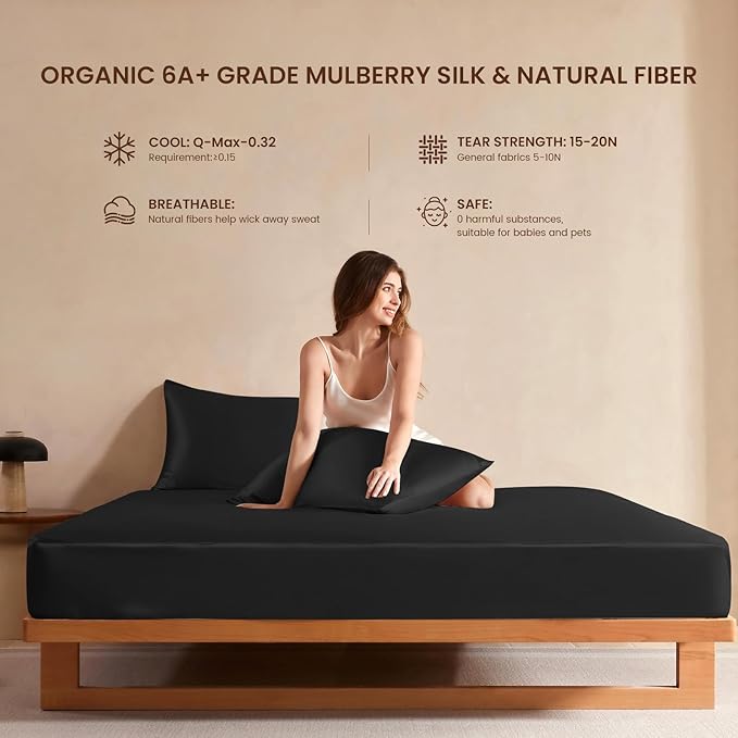 THXSILK Luxury Mulberry Silk Fitted Sheet Set 3 Pcs, King Silk Bed Sheet Set with 16" Deep Pockets, Soft & Cooling Sheets, 1 Fitted Sheet, 2 Pillowcases with Zipper Closure - Black