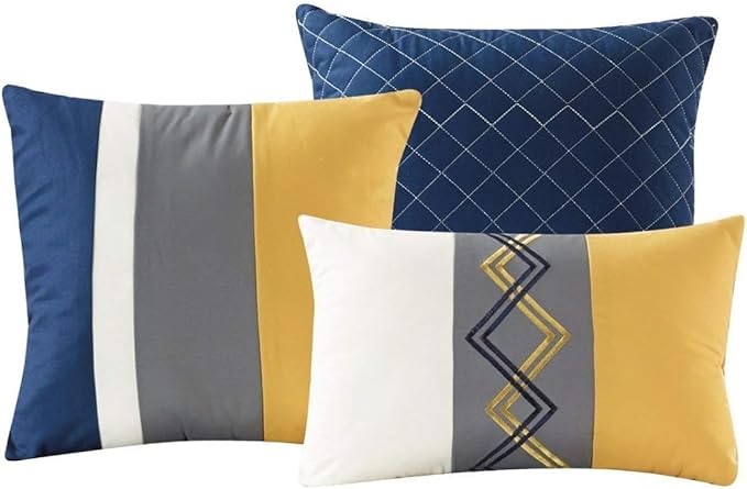 Chezmoi Collection Arden 7-Piece Modern Pleated Stripe Embroidered Zigzag Bedding Comforter Set (Oversized King, Navy/Gray/Yellow/White)