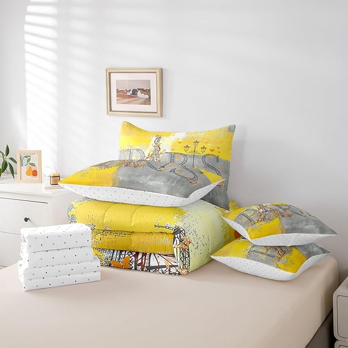 Erosebridal Paris Print Bedding Comforter Sets 7 Pieces Yellow Grey Bedding Set, Abstract Full Size Comforter Set (1 Comforter, 1 Fitted Sheet, 1 Flag Sheet, 2 Pillowcases, 2 Throw Pillow Covers)