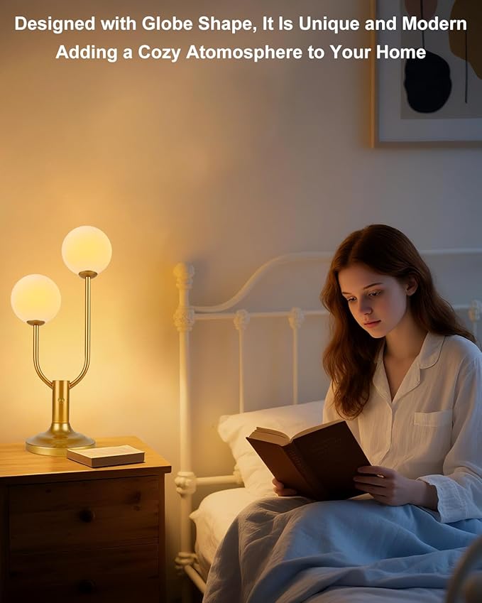 Gold Globe Table Lamp for Bedroom 2-Light Mid Century Modern Desk Lamp for Reading 3000K Warmwhite Dimmable Bedside Lamps Nightstand Lamp (G9 Bulb Included)