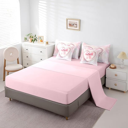 jejeloiu Girls Silk Bow 7 Piece Bedding Set Full Size Pink Pearl Comforter Set with Sheets for Kids Women Princess Style Bed in a Bag Pink Ombre Bed Set