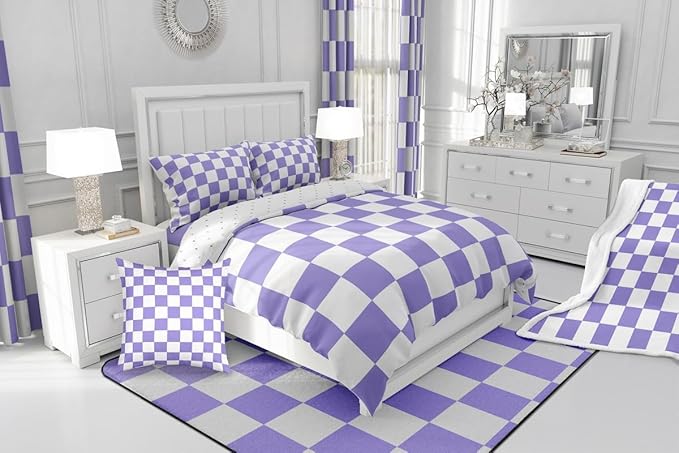 Checkered Retro Comforter Set Full Size Purple Plaid Bedding Set for Kids Boys Girls Geometric Vintage Duvet Quilt Modern Simple Groovy Aesthetic Bedroom Decor 3 Pcs with 2 Pillow Cases