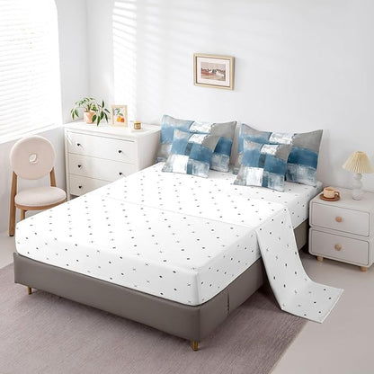 Erosebridal Light Blue White Gray Bedding Comforter Sets 7pcs Abstract Bedding Set, Grunge Twin Size Comforter Set (1 Comforter, 1 Fitted Sheet, 1 Flag Sheet, 2 Pillowcases, 2 Throw Pillow Covers)