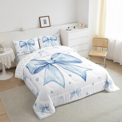 Erosebridal Cute Blue Bowknot Bedding Set Twin for Kids Girls Teen Women,Kawaii Dreamy Bow Comforter Set Princess Style Blue White Heart Decor Bedding Comforter Sets Soft Breathable Quilt Duvet