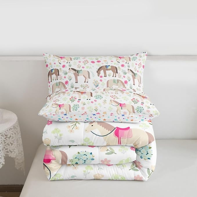 Bohemian Horse Bedding Sets Twin Size,Rustic Farmhouse Comforter Set 2Pcs for Kids Girls Boys Women Room Decor,Pink Flower Leaves Quilted Duvet Wild Animals Plant Down Comforter,1 Pillowcase