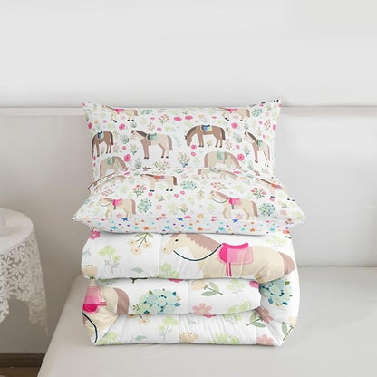 Bohemian Horse Comforter Set Queen Size,Rustic Farmhouse Bedding Sets 3Pcs for Kids Girls Boys Women Room Decor,Pink Flower Leaves Quilted Duvet Wild Animals Plant Down Comforter,2 Pillowcases