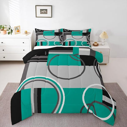 Modern Circles Swirls Bedding Queen Size Geometric Spiral Square Comforter Set Green Black Grey Bedding Sets Abstract Gromment Plaid Quilted Duvet Chic Graphic Texture Artwork Down Comforter, 3Pcs