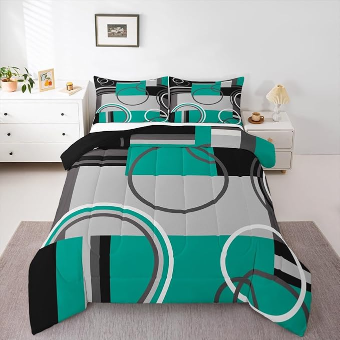 Modern Circles Swirls Bedding Full Size Geometric Spiral Square Comforter Set Green Black Grey Bedding Sets Abstract Gromment Plaid Quilted Duvet Chic Graphic Texture Artwork Down Comforter, 3Pcs