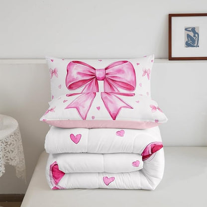 Erosebridal Girly Pink White Comforter Set King,Cute Bow Girls Bedding Set Dreamy Princess Bedding Comforter Sets for Kids Teen Women,Kawaii Bowknots Bow Tie Quilt Duvet 2 Pillow Cases