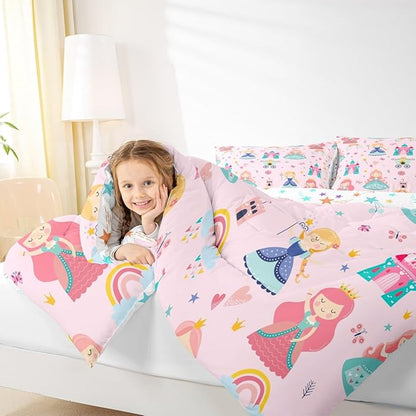 Erosebridal Kids Pink Princess Comforter Set Dreamy Fairy Tales Castle Girls King Bedding Set Cartoon Rainbow Down Comforter for Teen Women Bedroom Decor,Magical Carriage Princess Bed Set
