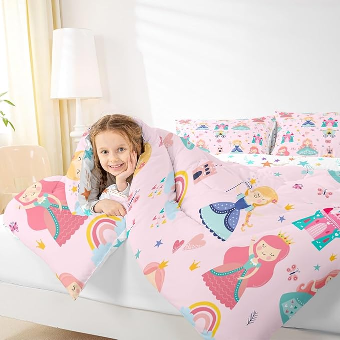 Erosebridal Kids Pink Princess Comforter Set Dreamy Fairy Tales Castle Girls Twin Bedding Set Cartoon Rainbow Down Comforter for Teen Women Bedroom Decor,Magical Carriage Princess Bed Set