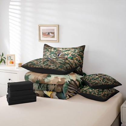 Duck Camo Bed in a Bag King Size Comforter Set 7-Piece | Mallard Ducks Bedding Sets Mens Rustic Cabin Comforter and Sheet Set, Woodland Animals Farmhouse Room Decor,Country Duck Hunting Decor