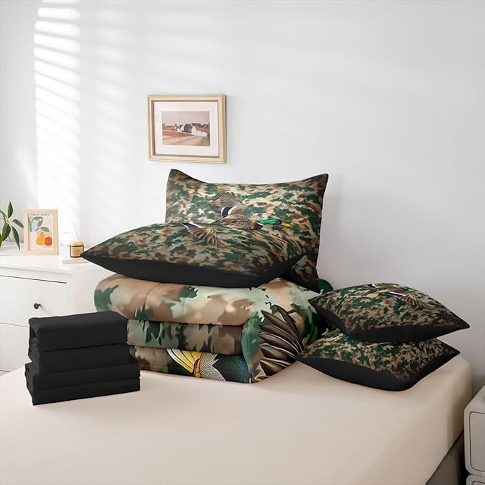 Erosebridal Duck Camo 7-Piece Comforter Set Full Bed in a Bag | Mallard Ducks Bedding Sets Mens Rustic Cabin Comforter and Sheet Set, Woodland Animals Farmhouse Room Decor,Country Duck Hunting Decor