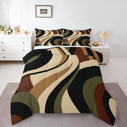 Green Brown Spiral King Bedding Set for Adult Women Men Modern Swirls Stripes Abstract Comforter Sets for Minimalists Boho Aesthetic Geometric Bed Sets Graffiti Art Lines Quilt Duvet Insert