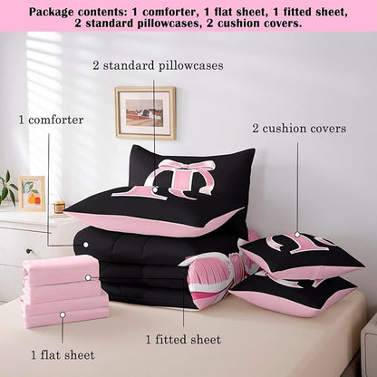 jejeloiu Kids Girls Black Pink Bow Comforter Set with Sheets King Size Monogrammed 7 Piece Bedding Set Personalized Initial I Bed in a Bag with Comforter,Sheets,Pillowcases Modern Fashion Bed Set