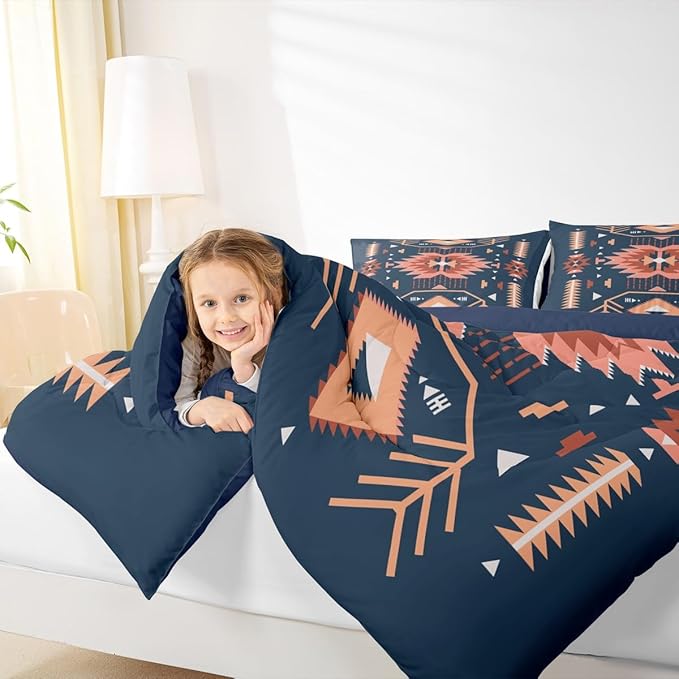 Southwest American Comforter Set Twin Size Indian Tribal Aztec Style Quilt Set Vintage Navy Blue Red Bedding Set 2pcs for Kids Teens Adults Room Decor Abstract Art Duvet Insert,1 Pillowcase