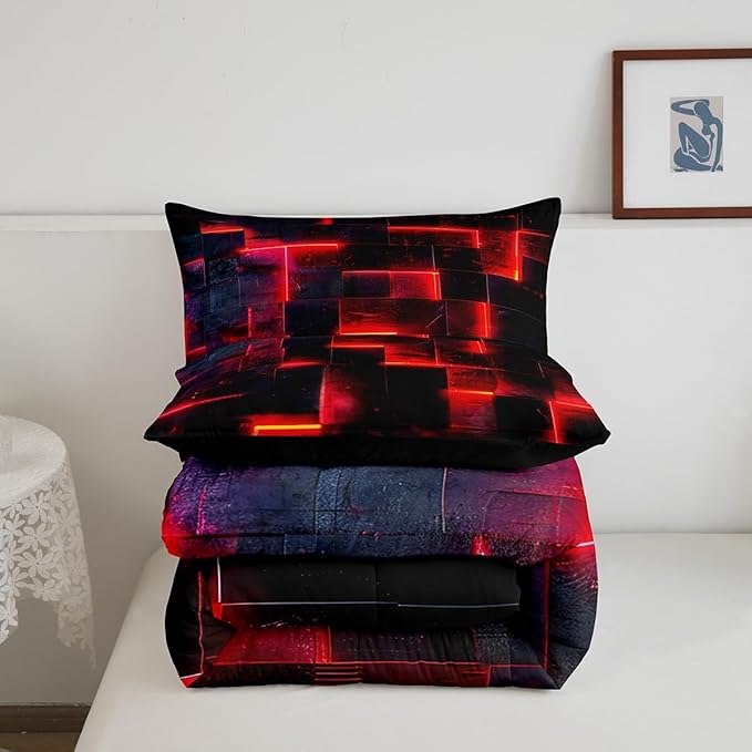 Red and Black Bedding King 3D Glowing Buffalo King Comforter Set, Modern Abstract Art Bedding Comforter Sets Geometric Plaid Duvet Insert, Gradient Futuristic Cubes Down Comforter (Black Reversible)